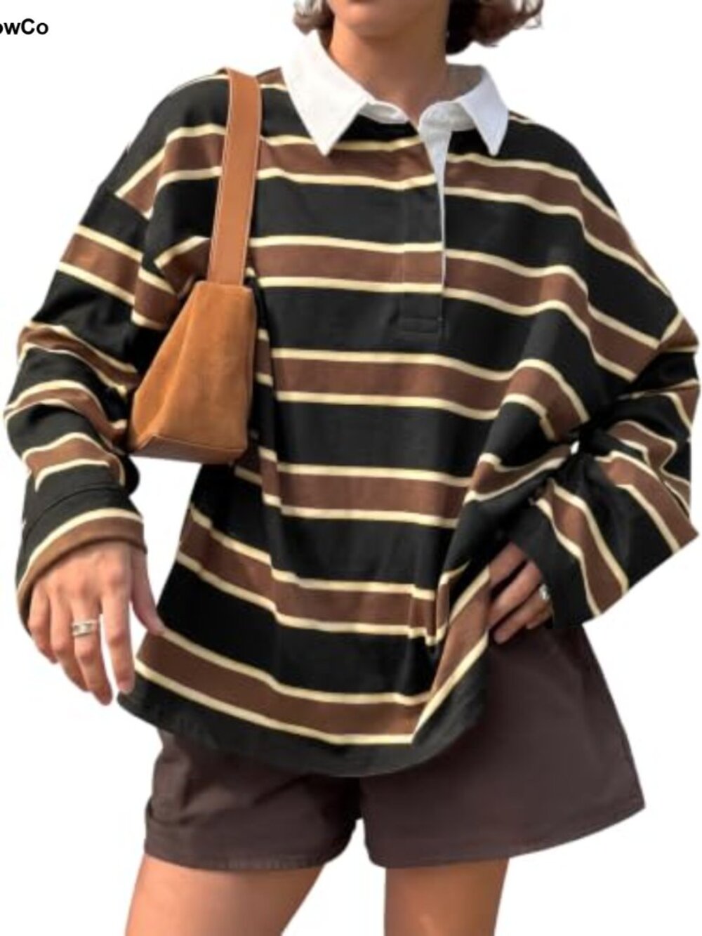 Striped Long Sleeve Polo Shirt - Oversized Women's Top
